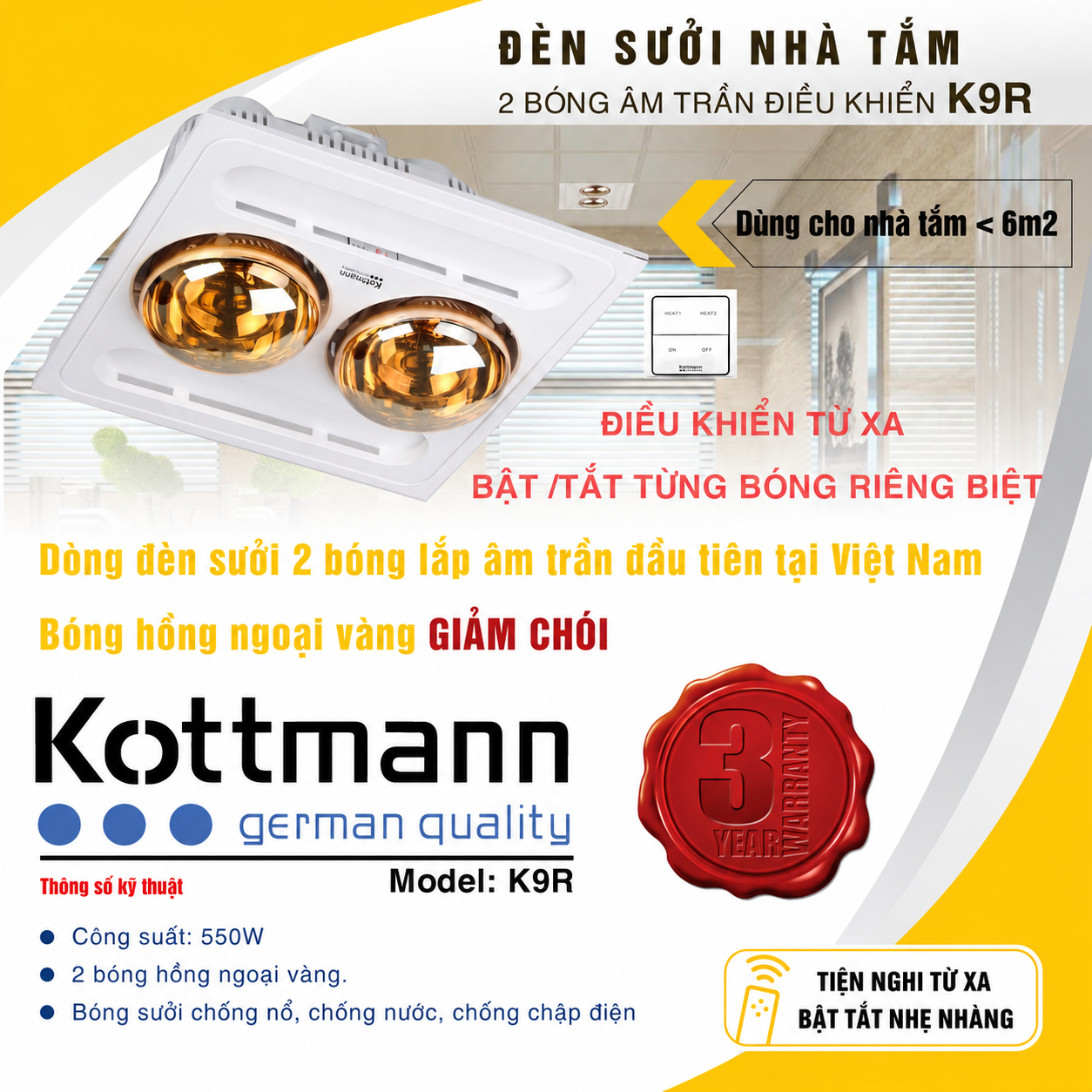 Đèn sưởi 2 bóng Kottmann K9R 550W điều khiển từ xa