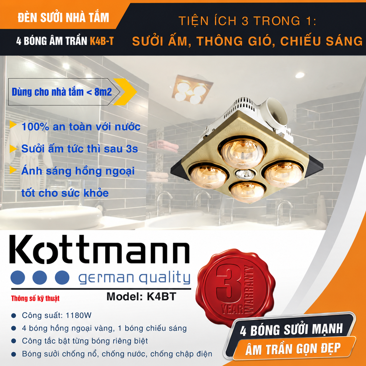 Đèn sưởi 4 bóng Kottmann K4BT 1180W